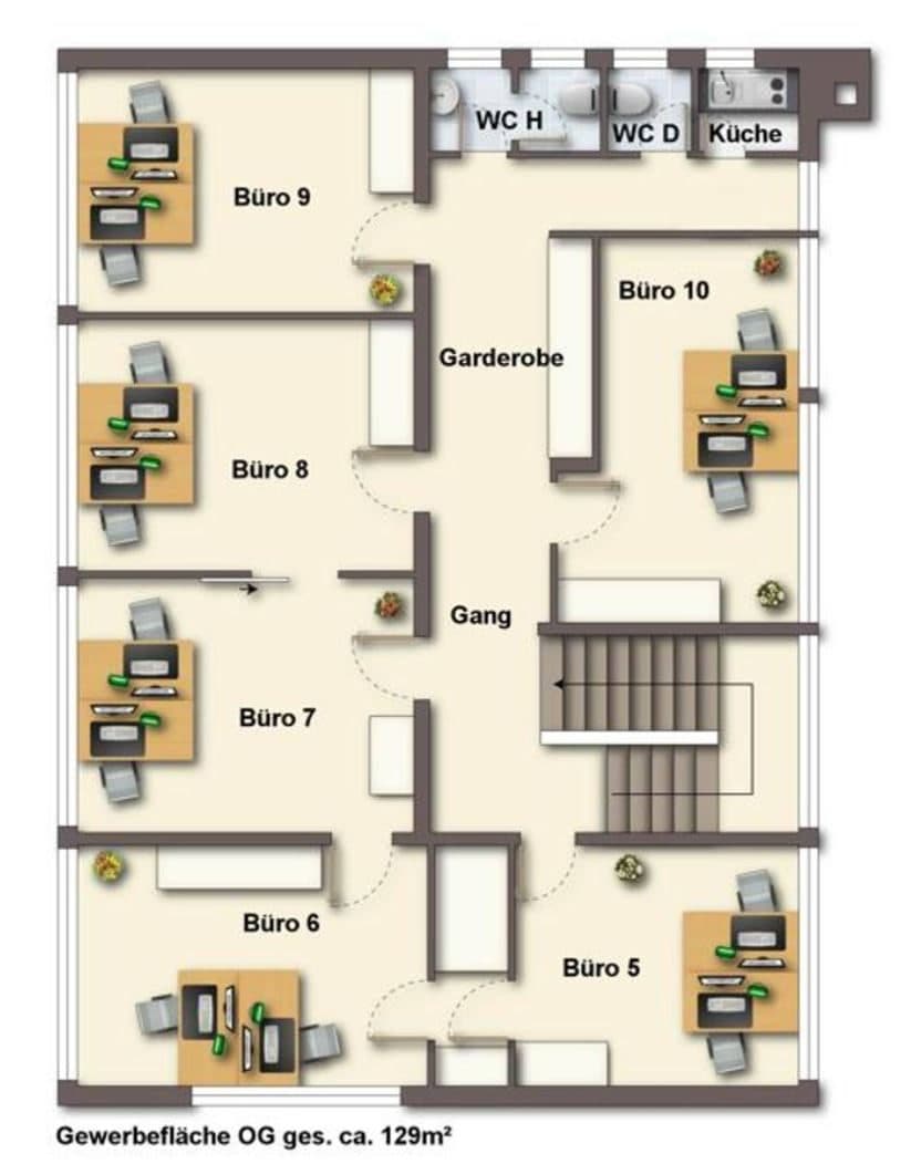 Grundriss des Obergeschosses mit den Büros 5 bis 10, Küche, WC und Gang